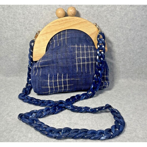 Pushi Blue Tweed Timber Handle Frame Clutch Detachable Strap Magnetic Closure - Picture 1 of 16
